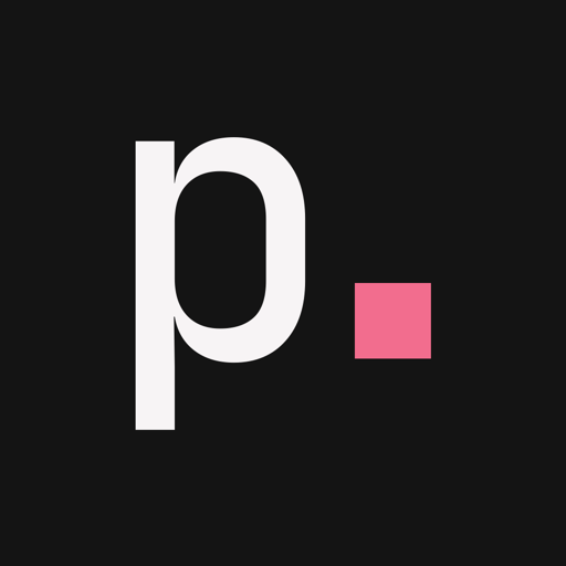 The elparko app icon: a white p and a pink square on black