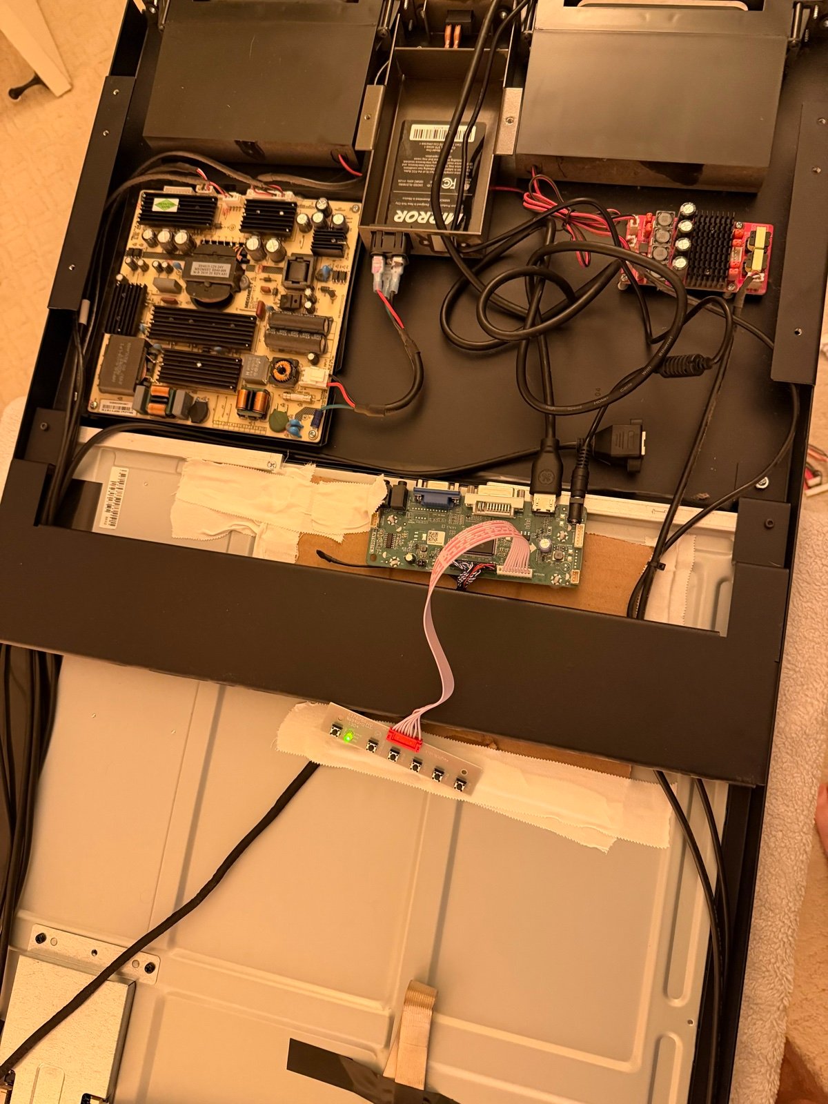 Inside the mirror: the original power board, the new LVDS controller board, and the Raspberry Pi